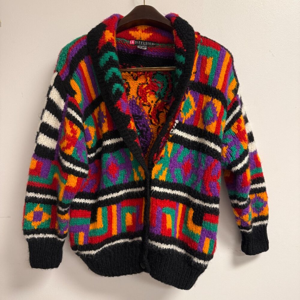 Vintage 90s Bright Print Wool Blend Chunky Oversized Cardigan Sweater Geometric - Picture 1 of 10